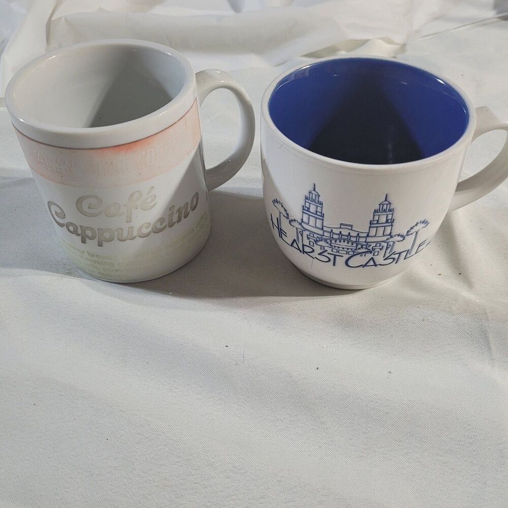 Blue Pottery Hearst Castle Mug Stoneware Cappuccino Cafe Pair Of Mugs 1970’s Vtg